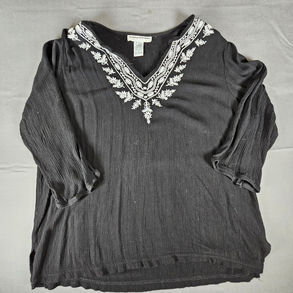 Cathy Daniels Black Embroidered V-Neck Crinkle Tunic Top Women's Size L